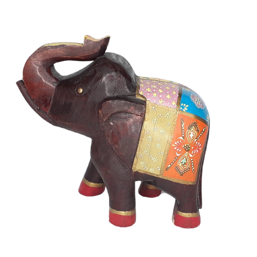 Hand Carved & Painted Folk Art Wooden Elephant